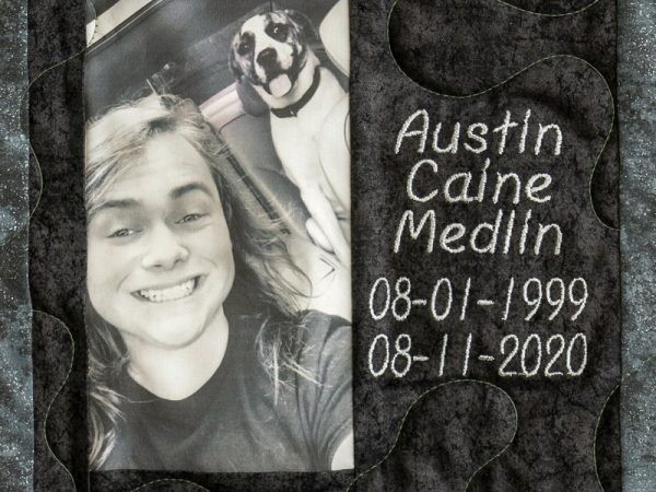 Quilt square for Austin Medlin with photo of Austin and dog in car