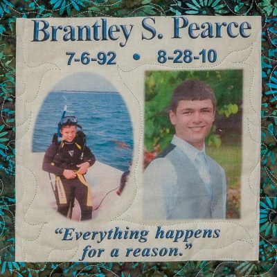 Quilt square for Brantley S. Pearce with photos of Brantley in snorkeling gear and an outdoors portrait.
