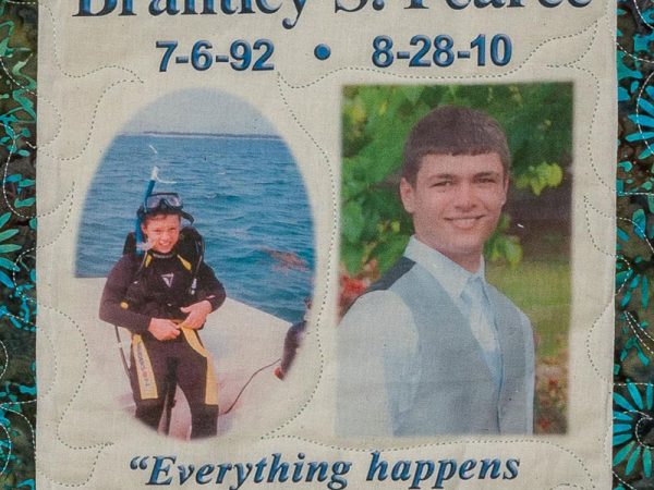 Quilt square for Brantley S. Pearce with photos of Brantley in snorkeling gear and an outdoors portrait.