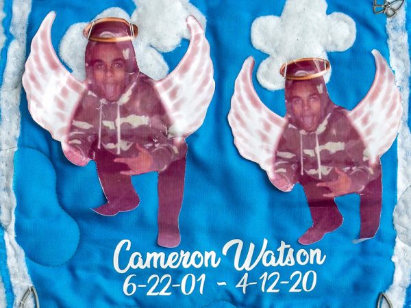 Quilt square for Cameron Watson with pictures of Cameron in the clouds