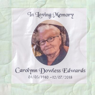 Quilt square for Carolyn Dowless Edwards with portrait photo of Carolynn