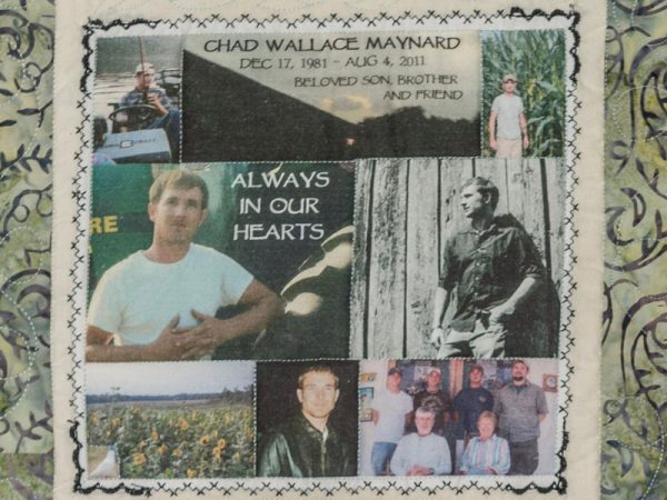Quilt square for Chad Maynard with photos of Chad outdoors and with family.