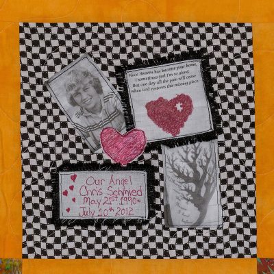 Quilt square for Christopher Schmied with portrait of Christopher, a tree, a heart with a missing puzzle piece