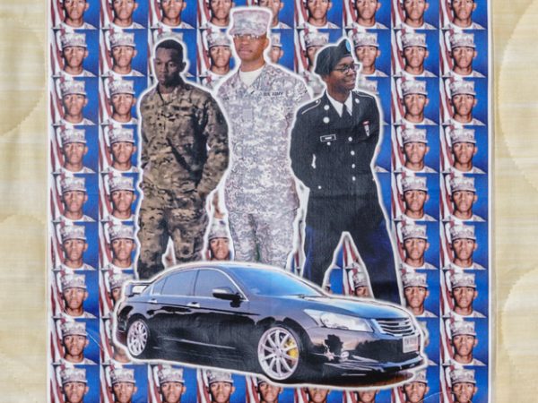 Quilt square for Cordell Vann with photos of Cordell in his army uniform and a patch of a black sedan