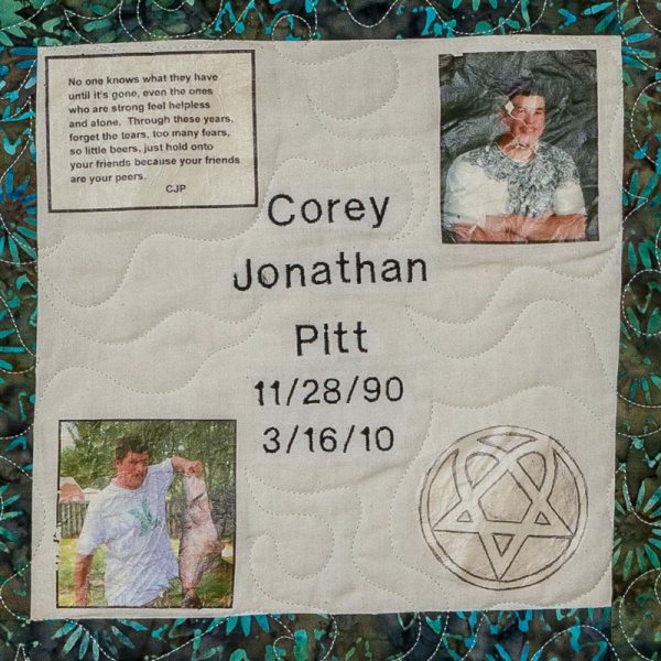 Quilt square for Corey Jonathan Pitt with photos of Corey holding a fish and a portrait.