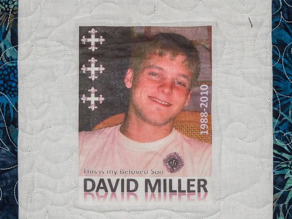 Quilt square for David Miller with a photo of David Miller and text reading: this is my beloved son.