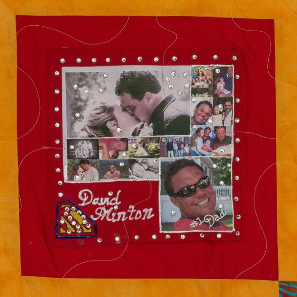 Quilt square for David Minton with collage of photos of Milton with family