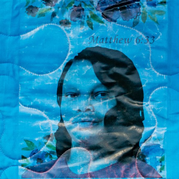 Quilt square for Dawn Staton with photo of Dawn and text reading Matthew 6:33