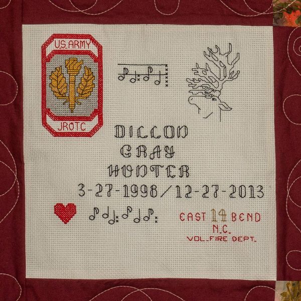 Quilt square for Dillon Hunter with patches of the US Army and JROTC, Music notes, a Deer with antlers, a red heart, and east 14 bend nc volunteer fire department.