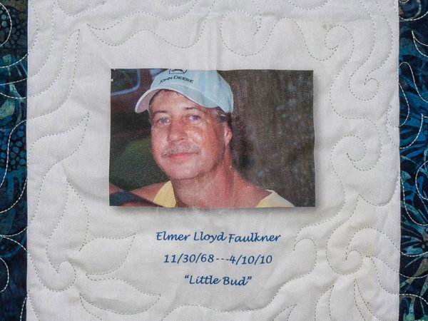 Quilt square for Elmer Lloyd Faulkner with a photo of Elmer and text reading: Little Bud