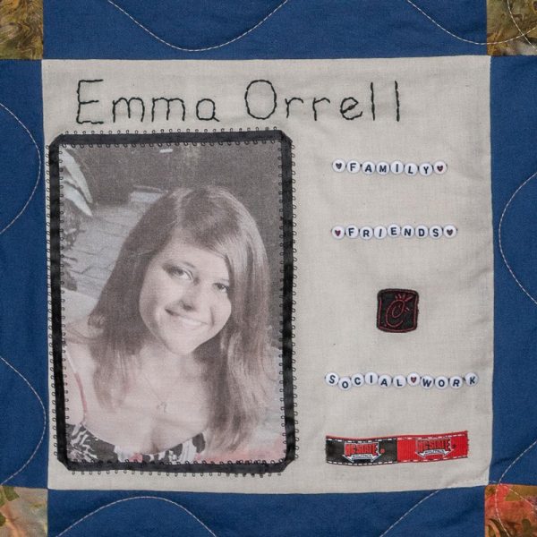 Quilt square for Emma Orrell with portrait of Emma, logos of NC State, and text reading Family, Friends, social work.