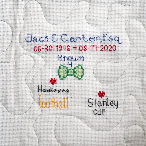 Quilt Square for Jack Carter with text reading: Known 4 Hawkeyes football, stanley cup