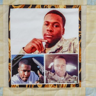 Quilt square for Javonne Sessoms Sr. with photos of of Javonne in his military uniform