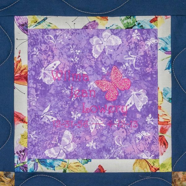 Quilt square for Jean Lowery with colorful butterfly pattern