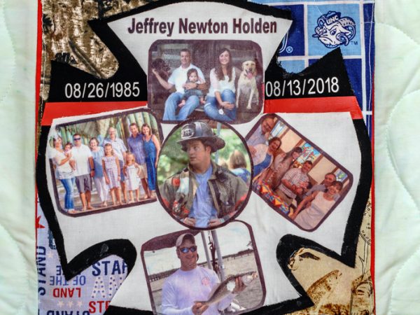 Quilt square for Jeffrey Holden with photos from Jeffrey’s life with family, sport fishing, and as a fire fighter