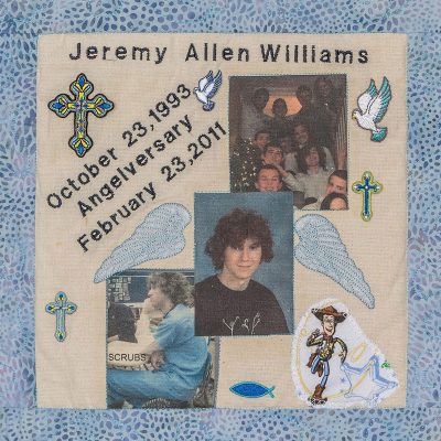 Quilt square for Jeremy Williams with a portrait of Jeremey and photos of him in scrubs and with family.