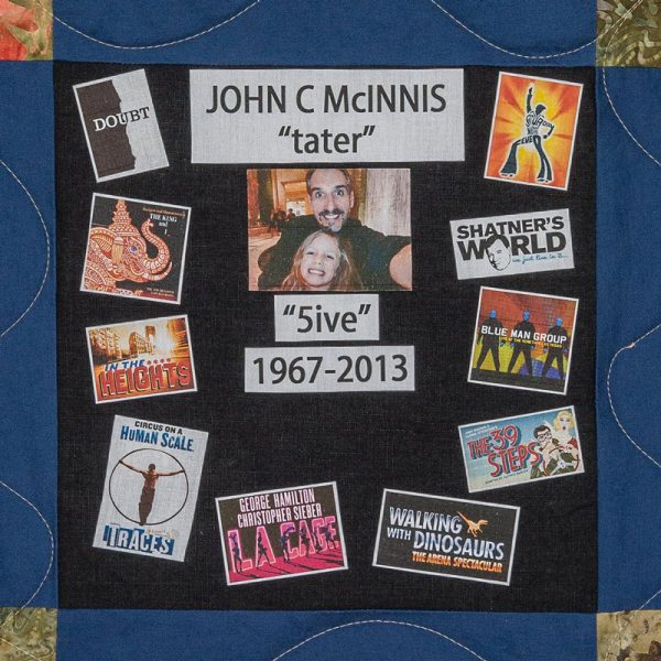 Quilt square for John McInnis with photo of John with family and a collage of posters. Text reading: 5five. Tater