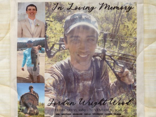Quilt square for Jordan Wood with photos of Jordan in the outdoors hunting and fishing