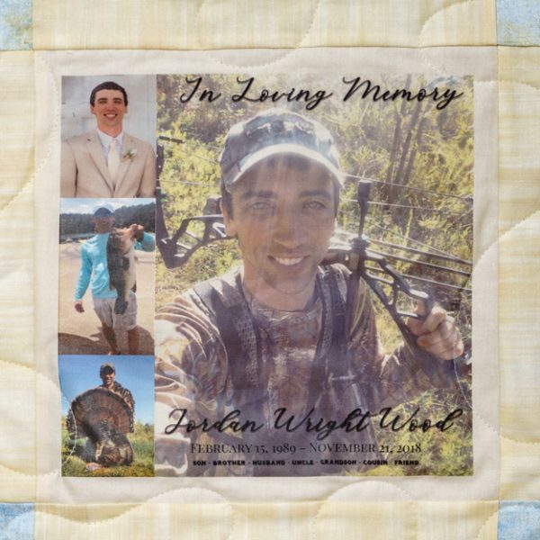 Quilt square for Jordan Wood with photos of Jordan in the outdoors hunting and fishing