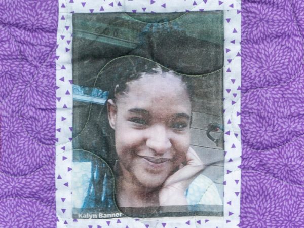 Quilt square for Kalyn Banner with an outdoor selfie of Kalyn