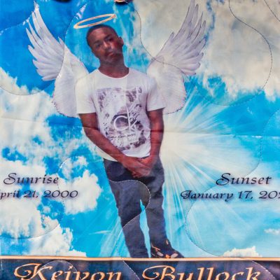 Quilt square for Keivon Bullock with photo of Keivon with angel wings
