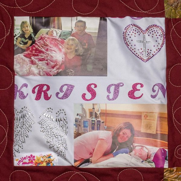 Quilt square for Kristen Branan with photos of Kristen with family.