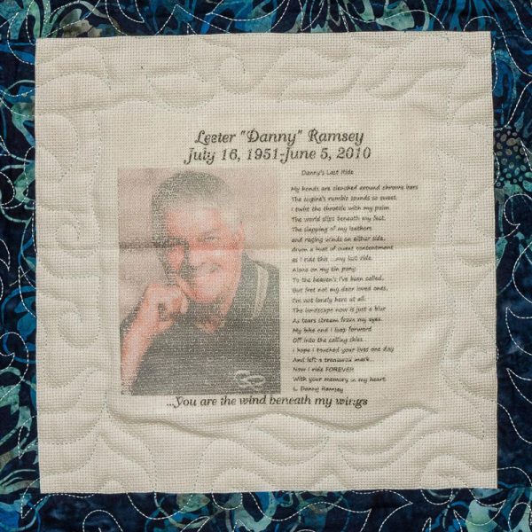 Quilt square for Lester Danny Ramsey with a portrait of Lester.