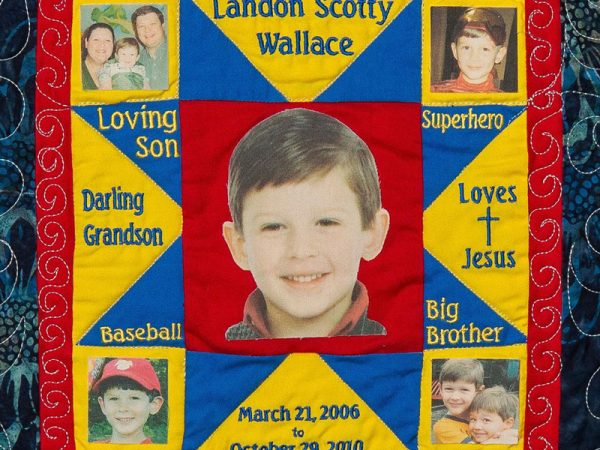 Quilt square for Landon Wallace with photos of Landon and text reading: Loving son. Darling Grandson. Baseball. Big Brother. Superhero. Loves Jesus.