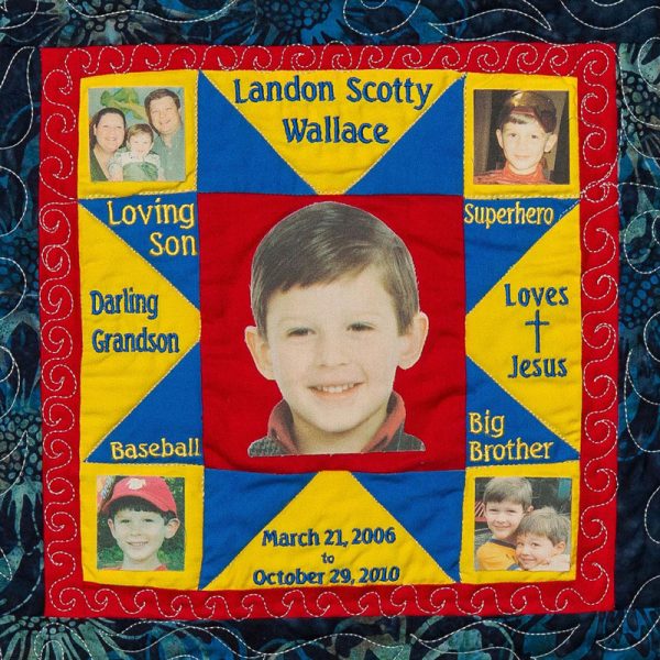 Quilt square for Landon Wallace with photos of Landon and text reading: Loving son. Darling Grandson. Baseball. Big Brother. Superhero. Loves Jesus.