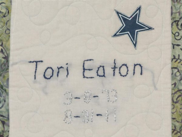 Quilt square for Tori Eaton with a blue Dallas cowboy’s star