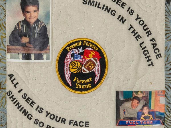 Quilt square for Libardo Jimenez with a photo of Libardo with family and a portrait photo of Libardo. Text reading: All I see is your face smiling in the light. All I see is your face shining so bright.