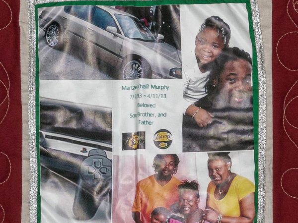 Quilt square for Martae Murphy with collage of Martae with family, a grey sedan, and a PlayStation.