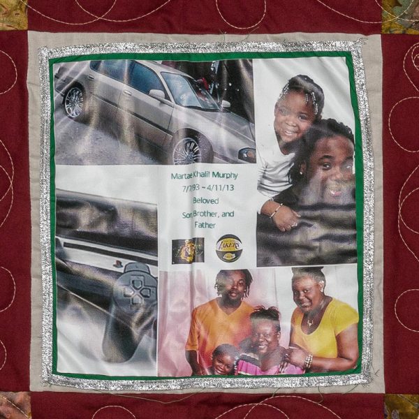 Quilt square for Martae Murphy with collage of Martae with family, a grey sedan, and a PlayStation.