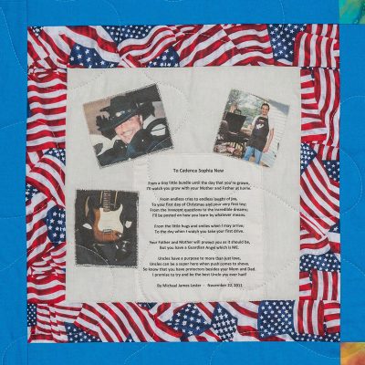Quilt square for Michael James Lester with photos of Michael wearing a cowboy hat, at the grill, a guitar, a poem, and over an American flag pattern.
