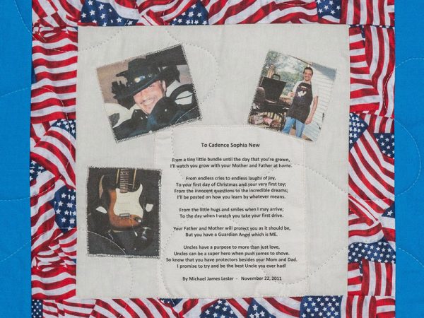 Quilt square for Michael James Lester with photos of Michael wearing a cowboy hat, at the grill, a guitar, a poem, and over an American flag pattern.
