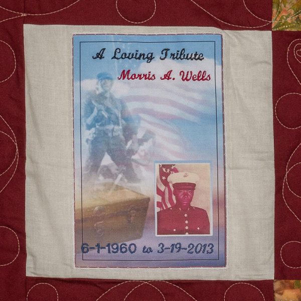 Quilt square for Morris Wells with a photo of Morris in his marine uniform.