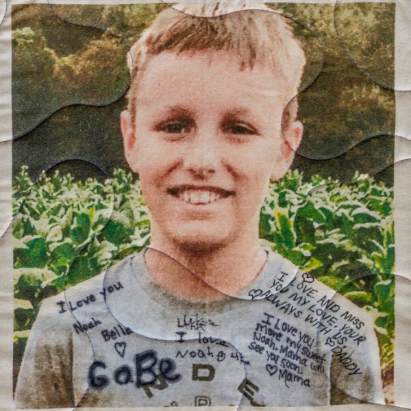 Quilt square for Noah Chambers and outdoor portrait photo of Noah with handwritten messages