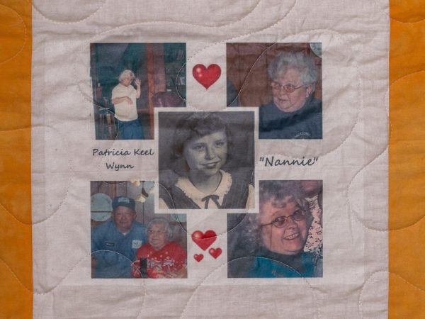 Quilt square for Patricia Wynn with photos of Patricia with family, as a child, and as a senior.