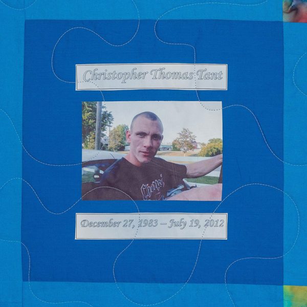 Quilt square for Christopher Tant with a photo of Christopher.