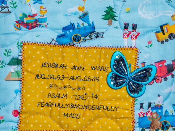 Quilt square for Rebekah Ware with toy trains, butterflies, and animals