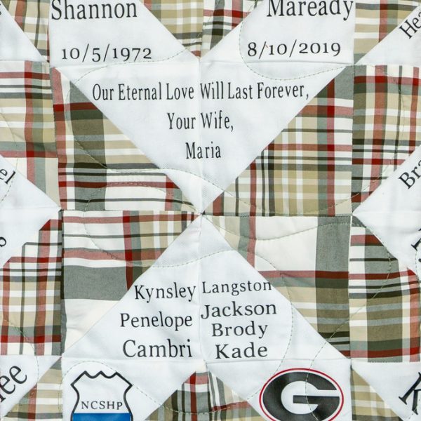 Quilt square for Shannon Maready with text reading: Our eternal love will last forever, your wife, Maria.