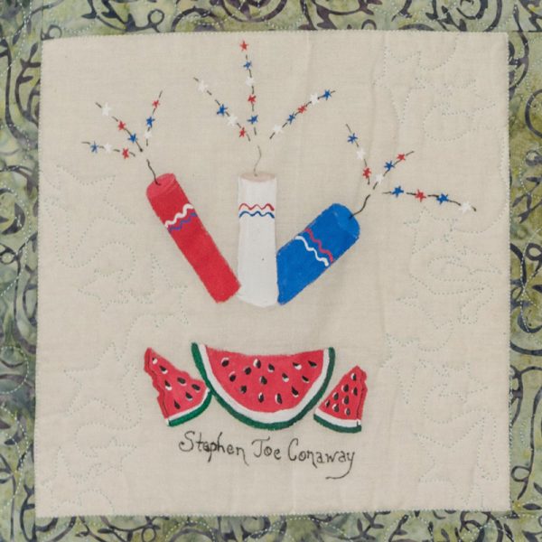 Quilt square for Stephen Conaway with three firecrackers and watermelons.