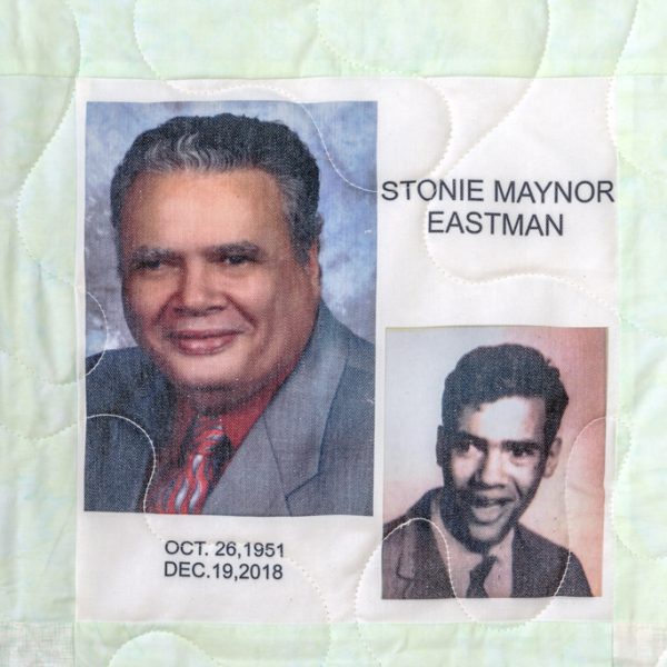 Quilt square for Stonie Eastman with two portraits of Stonie