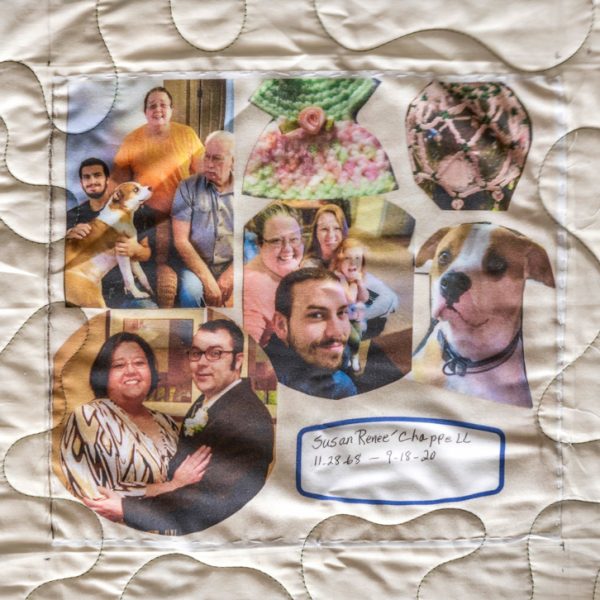 Quilt Square for Susan Renee Chappell with photos of family and dog