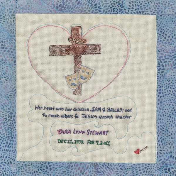 Quilt square for Tara Stewart with heart and cross