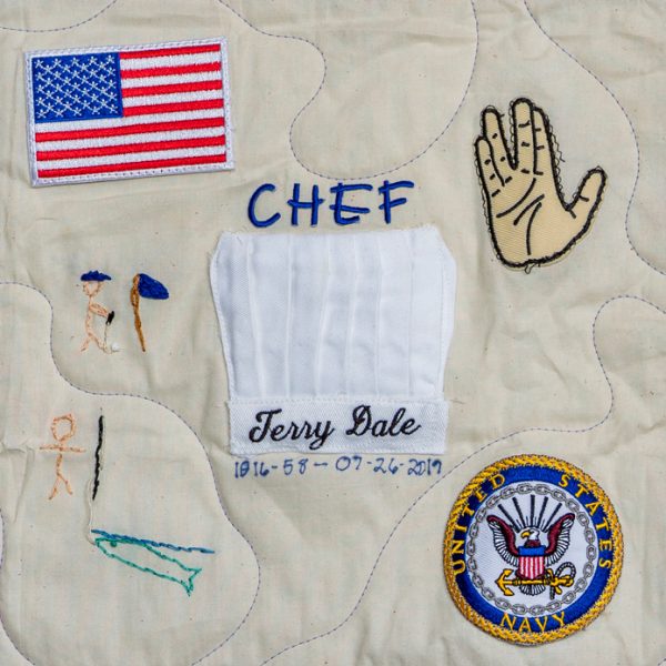 Quilt square for Terry Dale with patches of Spock hand, American Flag, United States Navy Logo and the word chef.