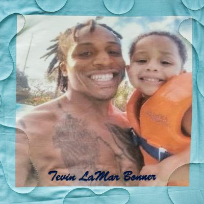 Quilt square for Tevin Bonner with Photo of man and boy at the pool