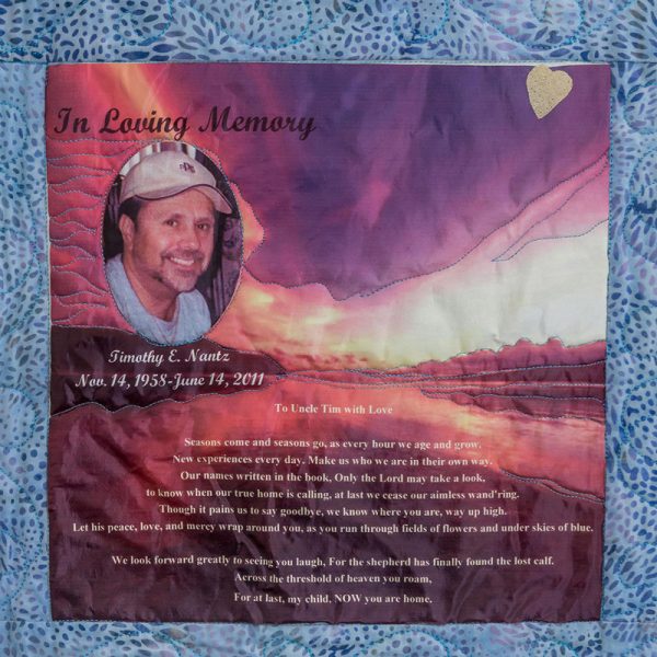 Quilt square for Timothy Nantz with portrait of Timothy, background of a sunset and a poem: To Uncle Tim with Love.