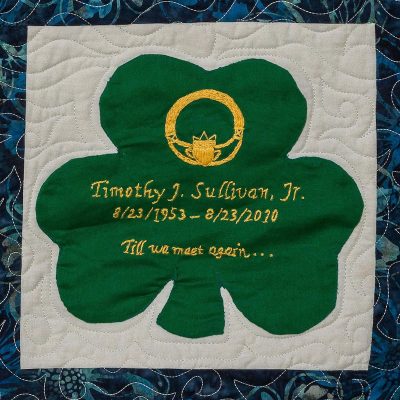Quilt square for Timothy Sullivan Jr. with a photo of a clover and text reading: Till we meet again…