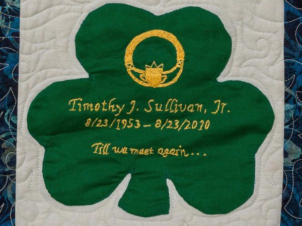 Quilt square for Timothy Sullivan Jr. with a photo of a clover and text reading: Till we meet again…